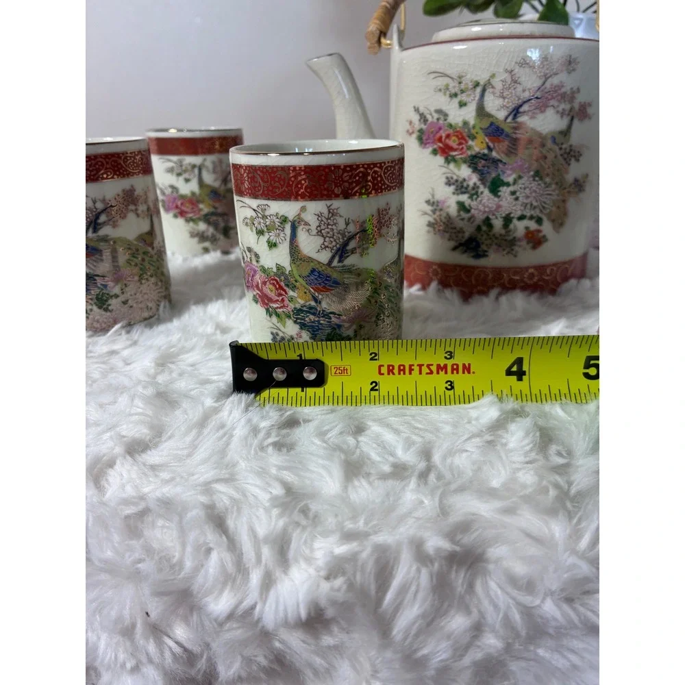 Vintage Peacock Tea Set Teapot 3 Cups Crackle Glaze Japan 1979 Arnart Satsuma